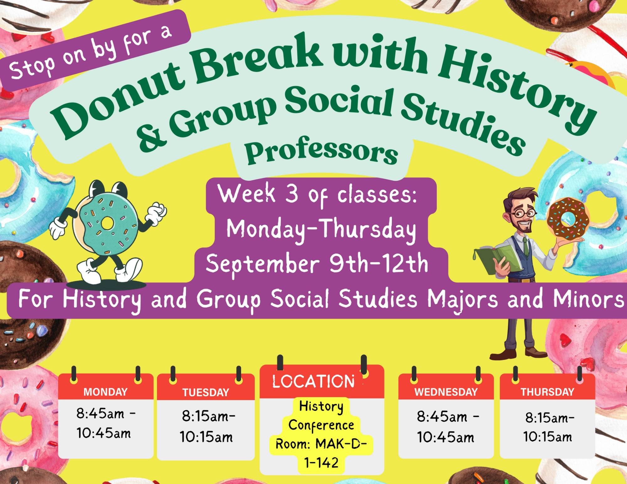 flyer with details about donut week in the history department, sept 9-12